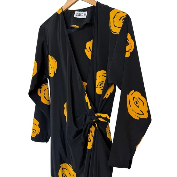 VINTAGE! 80’s-90’s Y2K VIRGO II Wrap Midi Dress M Black Yellow Floral Retro - Picture 3 of 8